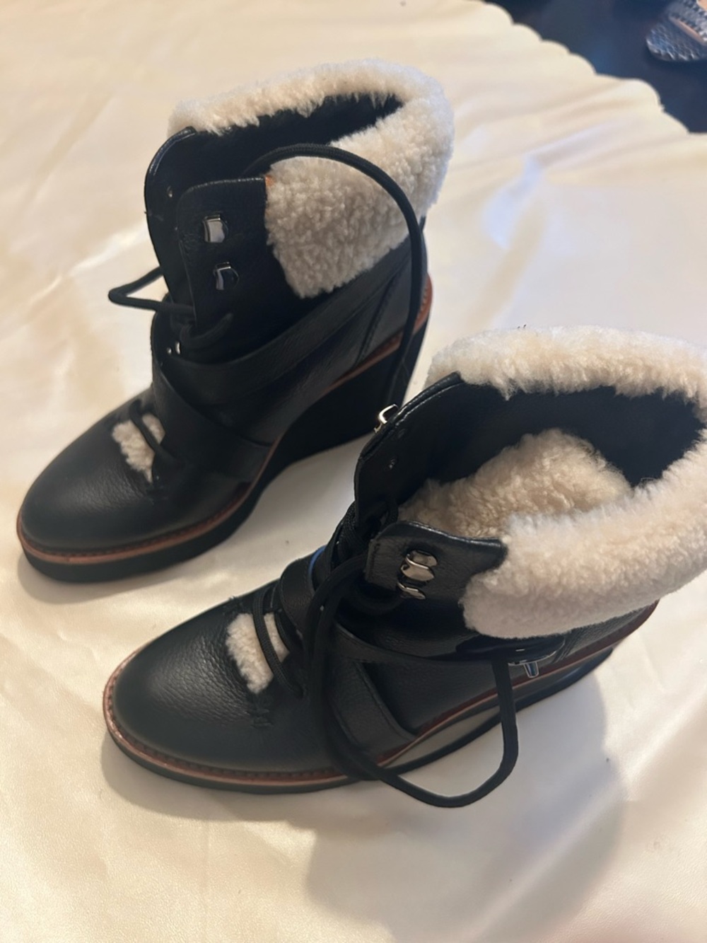 Coach Wedge Lace-Up Ankle Boots with Shearling Trim - Black